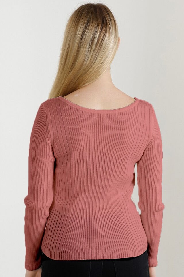 Kadın Gül Kurusu Kayık Yaka Triko Kazak