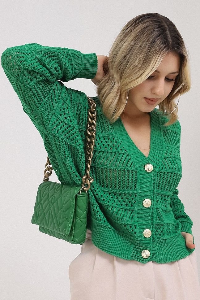 Kadın Yeşil Yazlık Delikli Düğmeli Hırka