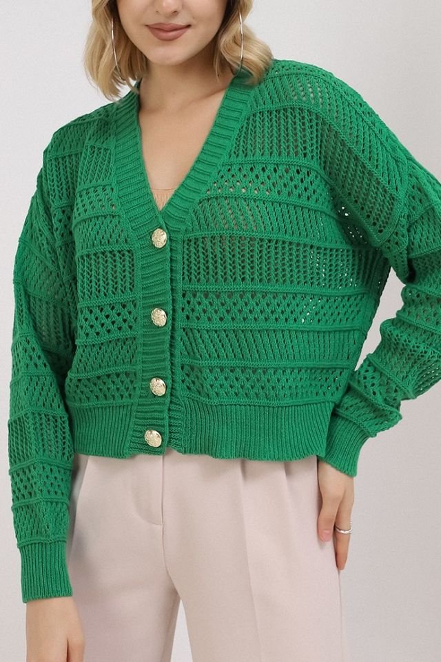 Kadın Yeşil Yazlık Delikli Düğmeli Hırka