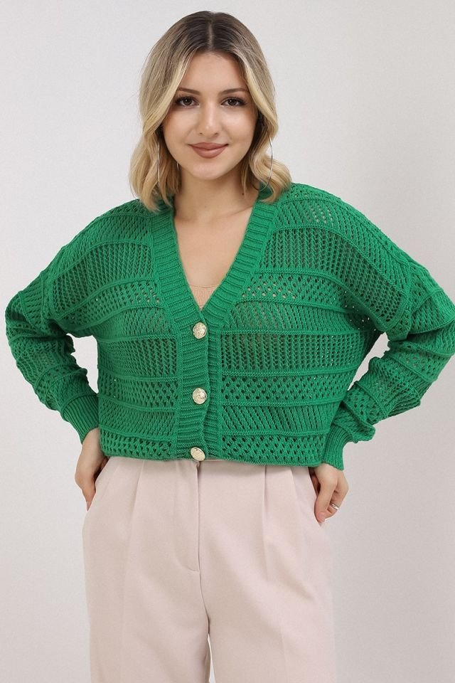 Kadın Yeşil Yazlık Delikli Düğmeli Hırka