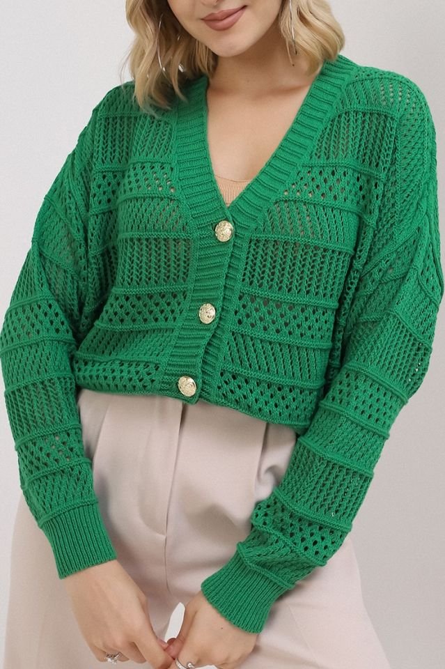 Kadın Yeşil Yazlık Delikli Düğmeli Hırka