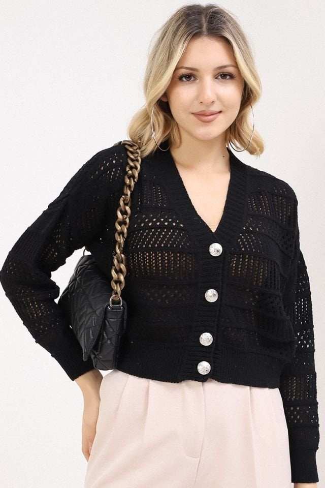 Kadın Siyah Yazlık Delikli Düğmeli Hırka