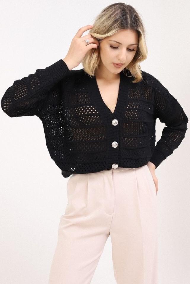 Kadın Siyah Yazlık Delikli Düğmeli Hırka