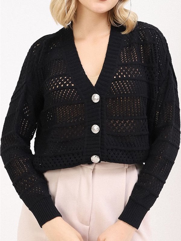 Kadın Siyah Yazlık Delikli Düğmeli Hırka