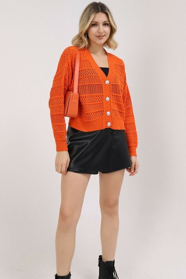 Kadın Turuncu Yazlık Delikli Düğmeli Hırka