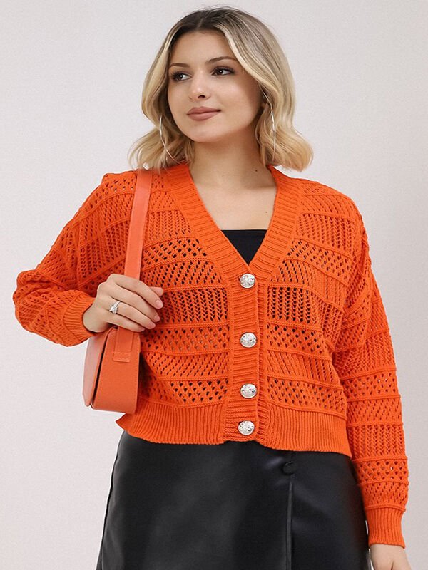 Kadın Turuncu Yazlık Delikli Düğmeli Hırka