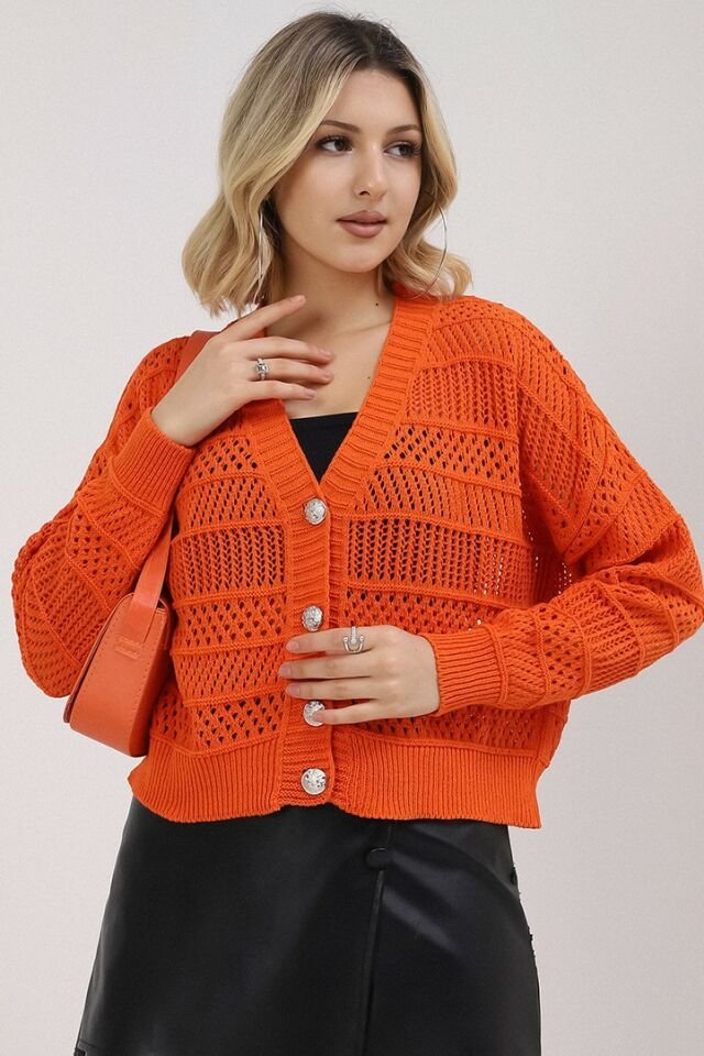 Kadın Turuncu Yazlık Delikli Düğmeli Hırka