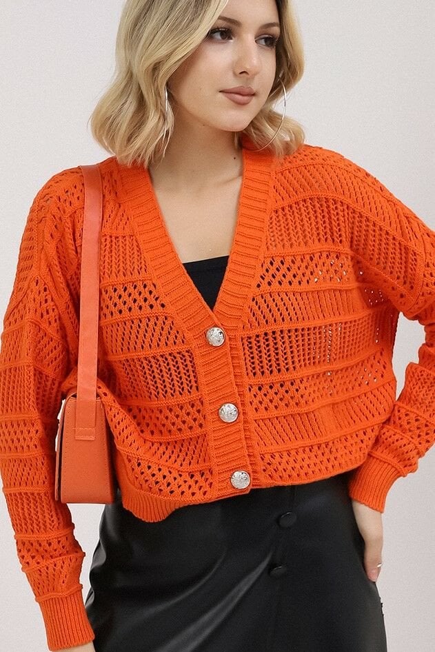 Kadın Turuncu Yazlık Delikli Düğmeli Hırka