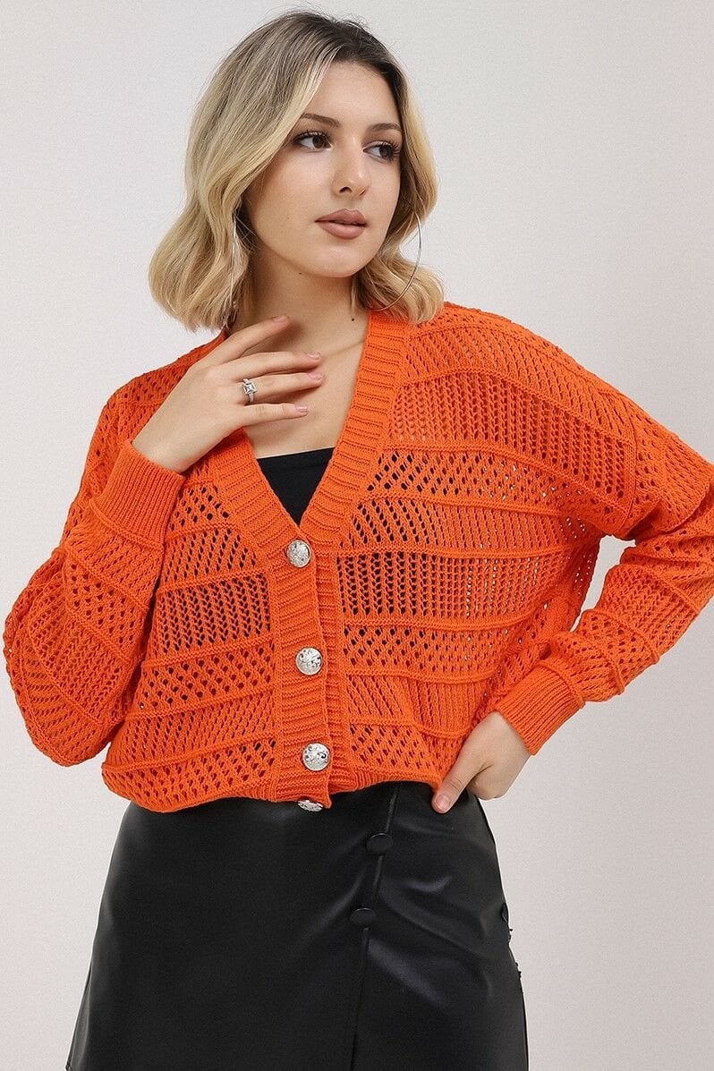 Kadın Turuncu Yazlık Delikli Düğmeli Hırka