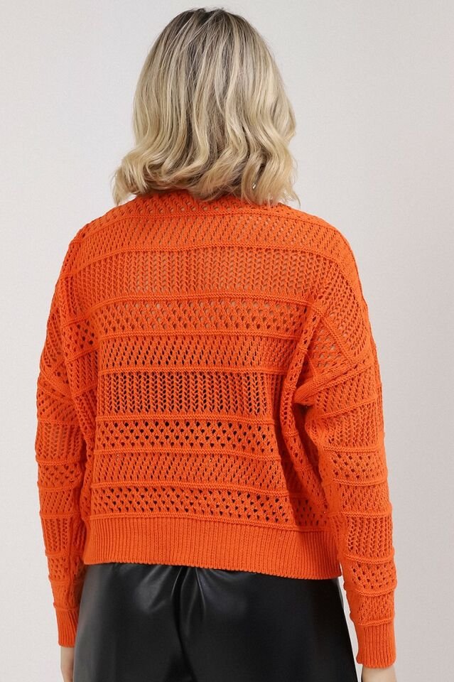 Kadın Turuncu Yazlık Delikli Düğmeli Hırka