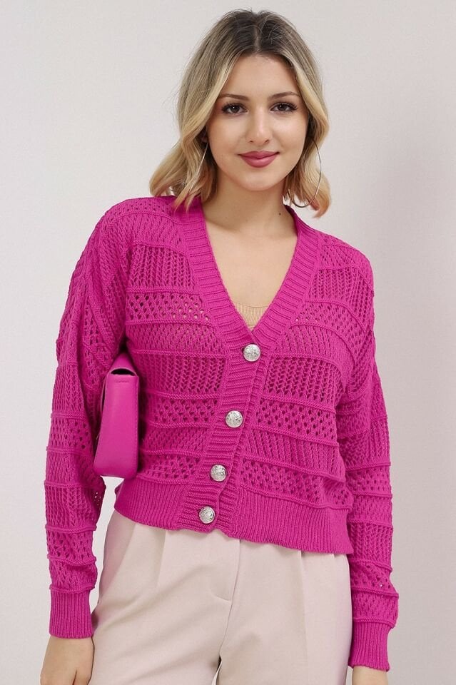 Kadın Fuşya Yazlık Delikli Düğmeli Hırka