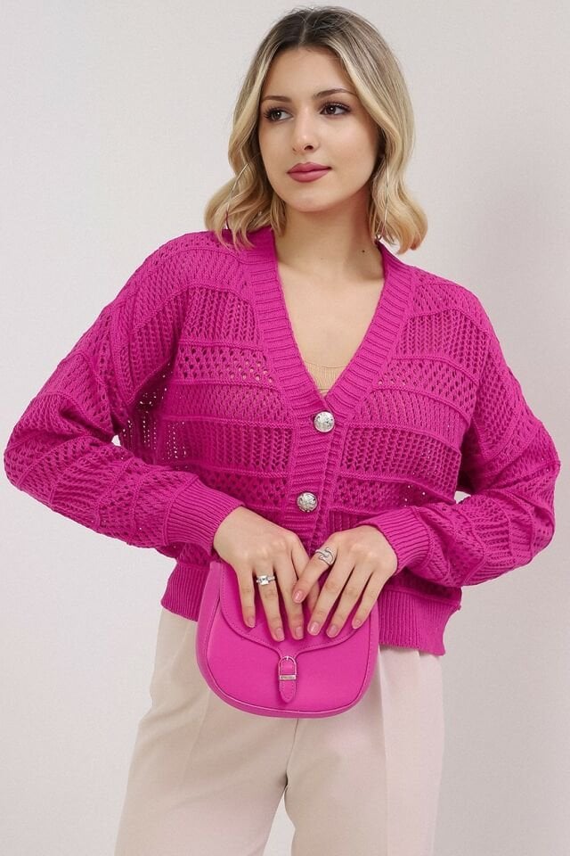 Kadın Fuşya Yazlık Delikli Düğmeli Hırka