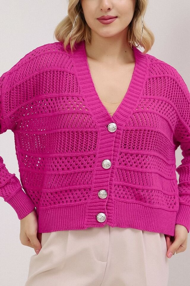 Kadın Fuşya Yazlık Delikli Düğmeli Hırka