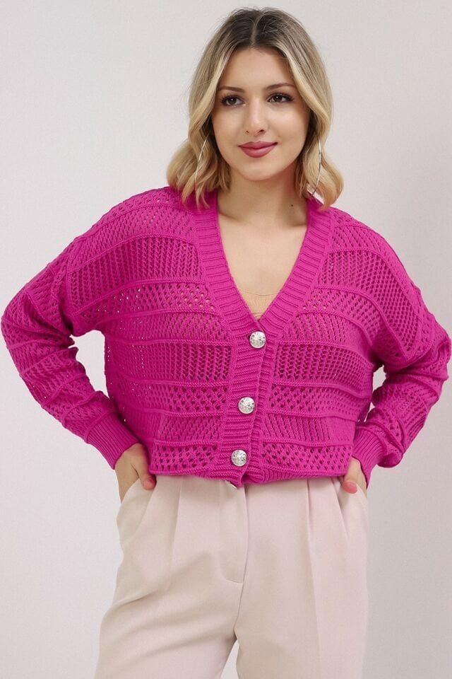 Kadın Fuşya Yazlık Delikli Düğmeli Hırka