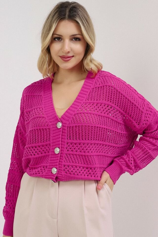 Kadın Fuşya Yazlık Delikli Düğmeli Hırka