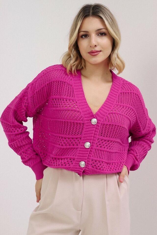 Kadın Fuşya Yazlık Delikli Düğmeli Hırka