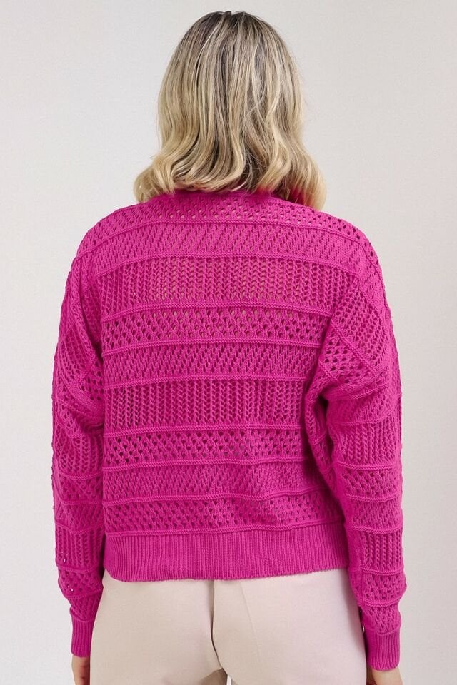 Kadın Fuşya Yazlık Delikli Düğmeli Hırka