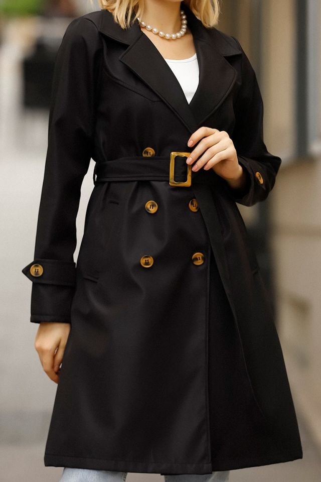 Kadın Siyah Düğmeli Su İtici Kuşaklı Kol Kemerli Trençkot