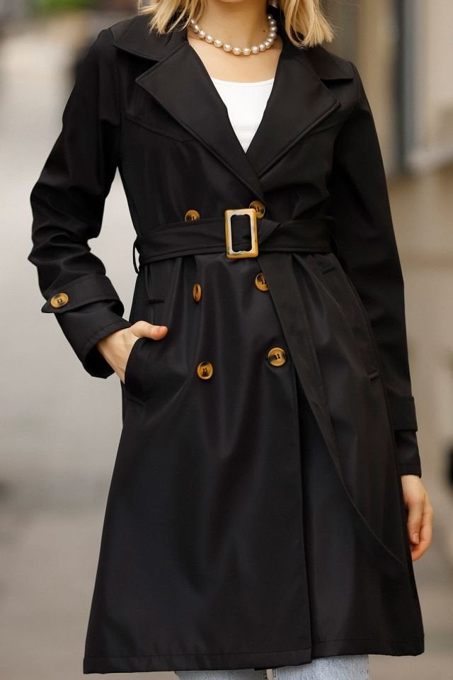 Kadın Siyah Düğmeli Su İtici Kuşaklı Kol Kemerli Trençkot