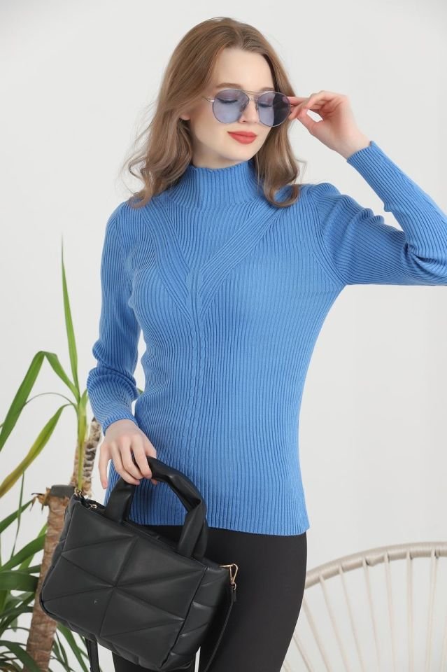 Kadın Boğazlı Fitilli Saç Örgü Desenli Yumuşak Triko Kazak İndigo Mavi