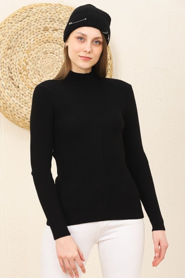 Kadın Boğazlı Fitilli Saç Örgü Desenli Yumuşak Triko Kazak Siyah