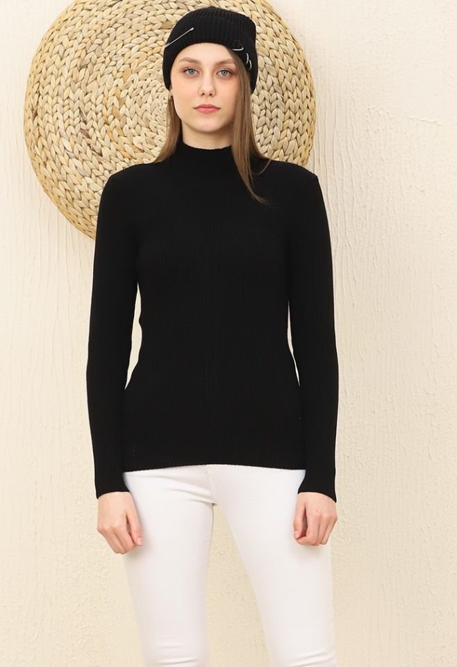 Kadın Boğazlı Fitilli Saç Örgü Desenli Yumuşak Triko Kazak Siyah