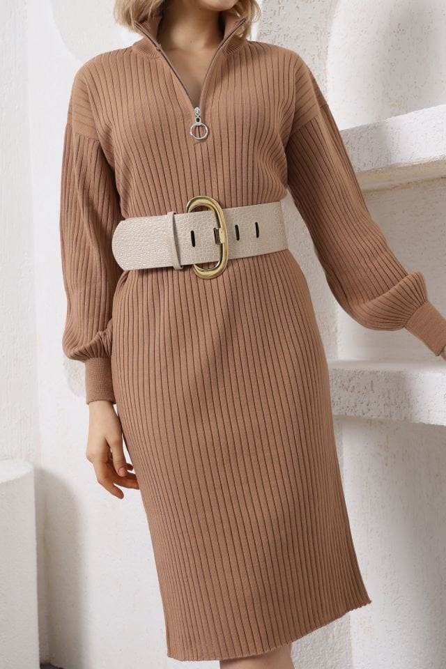 Kamel Fermuarlı Yarım Balıkçı Uzun Triko Elbise