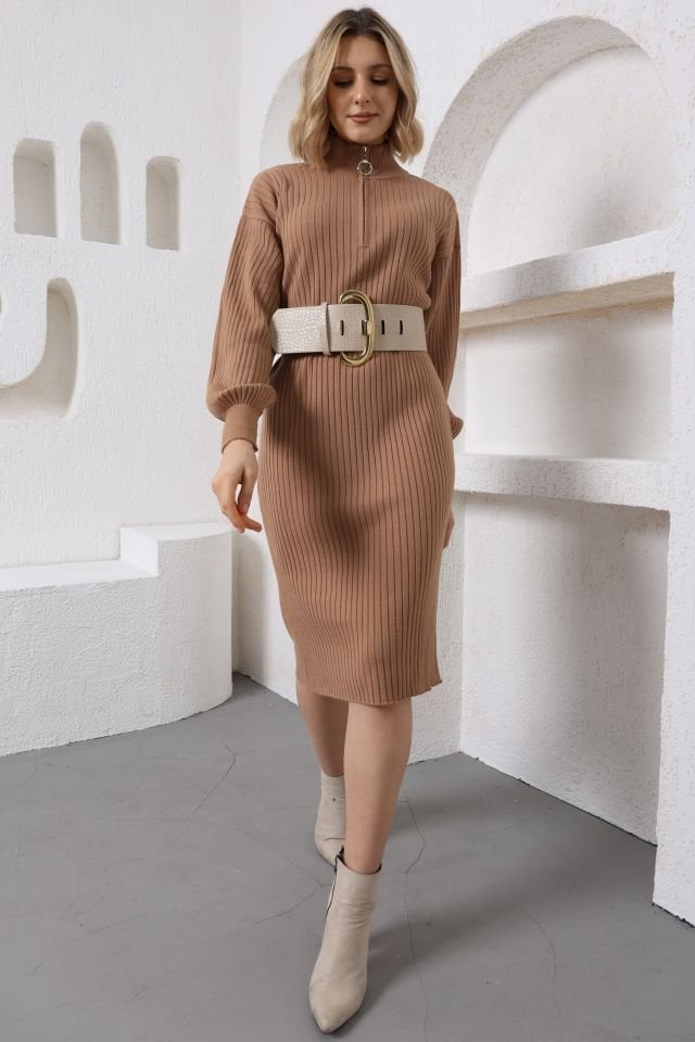 Kamel Fermuarlı Yarım Balıkçı Uzun Triko Elbise