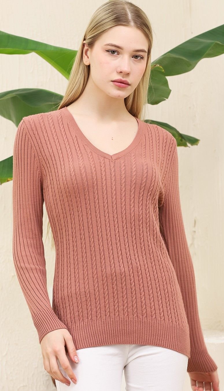 Kadın V Yaka Saç Örgü Triko Kazak Gül Kurusu