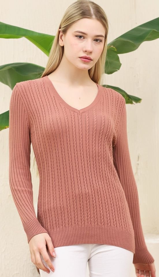 Kadın V Yaka Saç Örgü Triko Kazak Gül Kurusu