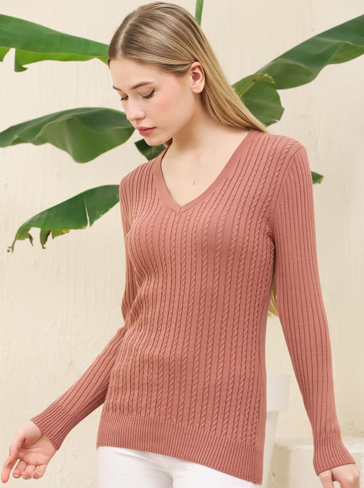 Kadın V Yaka Saç Örgü Triko Kazak Gül Kurusu