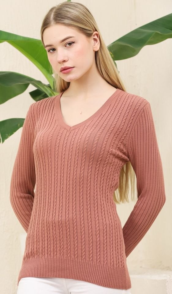 Kadın V Yaka Saç Örgü Triko Kazak Gül Kurusu