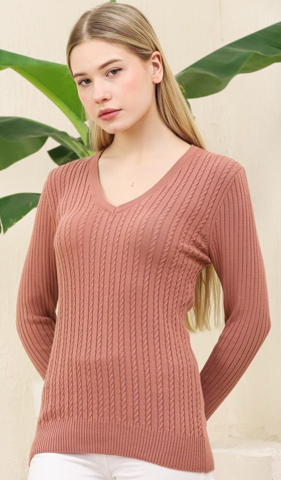 Kadın V Yaka Saç Örgü Triko Kazak Gül Kurusu