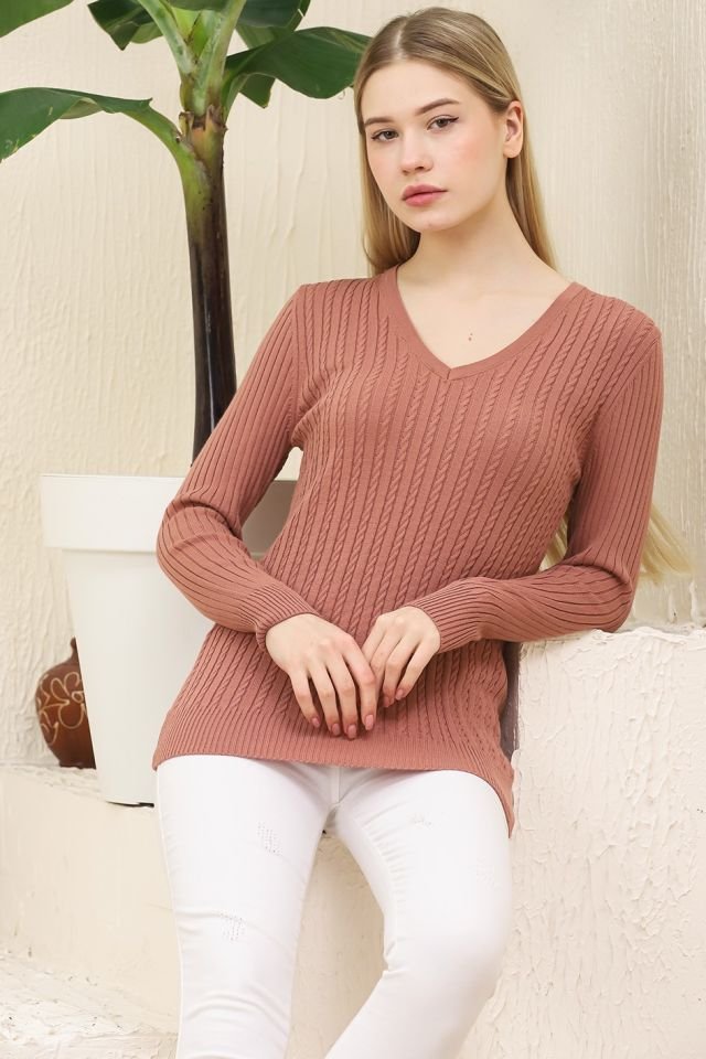 Kadın V Yaka Saç Örgü Triko Kazak Gül Kurusu