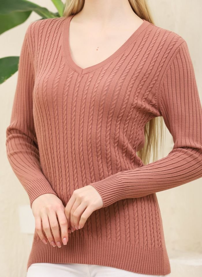 Kadın V Yaka Saç Örgü Triko Kazak Gül Kurusu