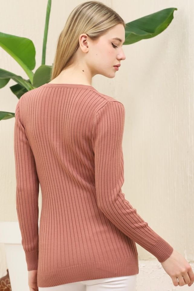 Kadın V Yaka Saç Örgü Triko Kazak Gül Kurusu