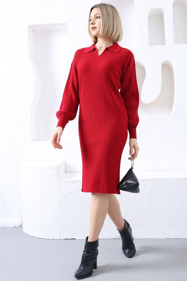 Kırmızı Polo Yaka Uzun Triko Elbise