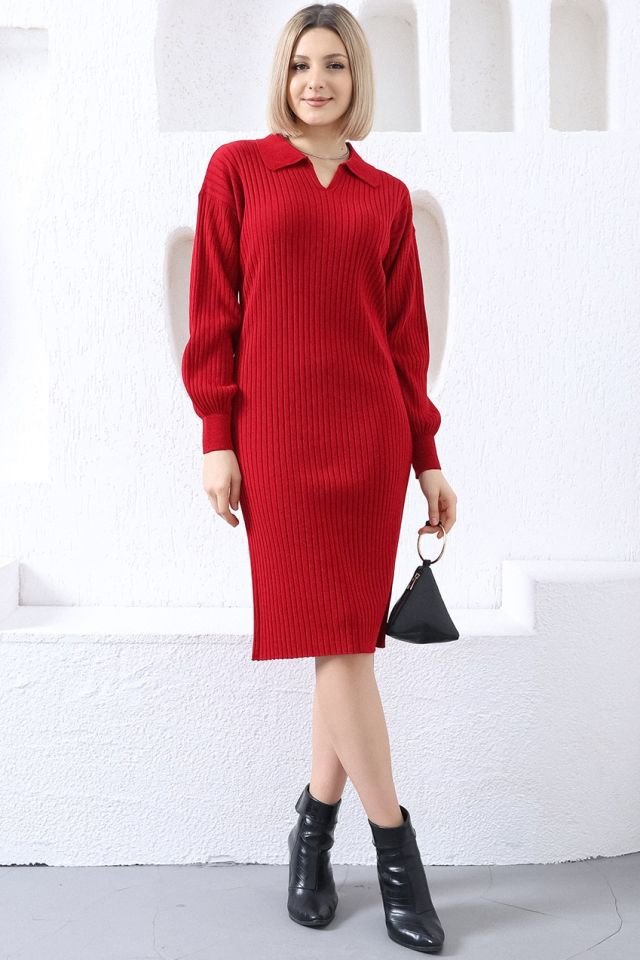 Kırmızı Polo Yaka Uzun Triko Elbise