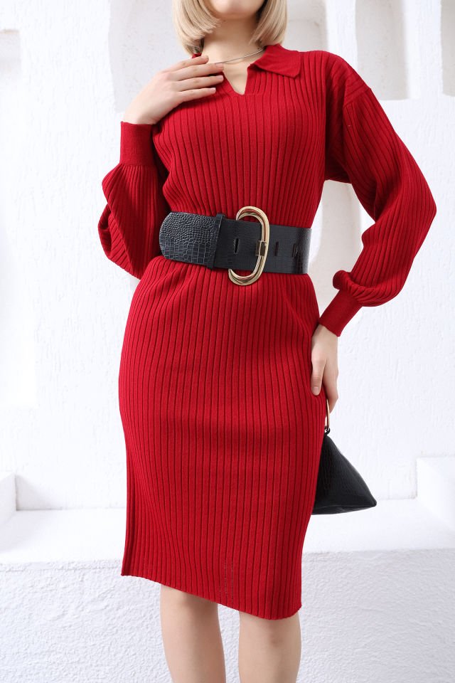 Kırmızı Polo Yaka Uzun Triko Elbise