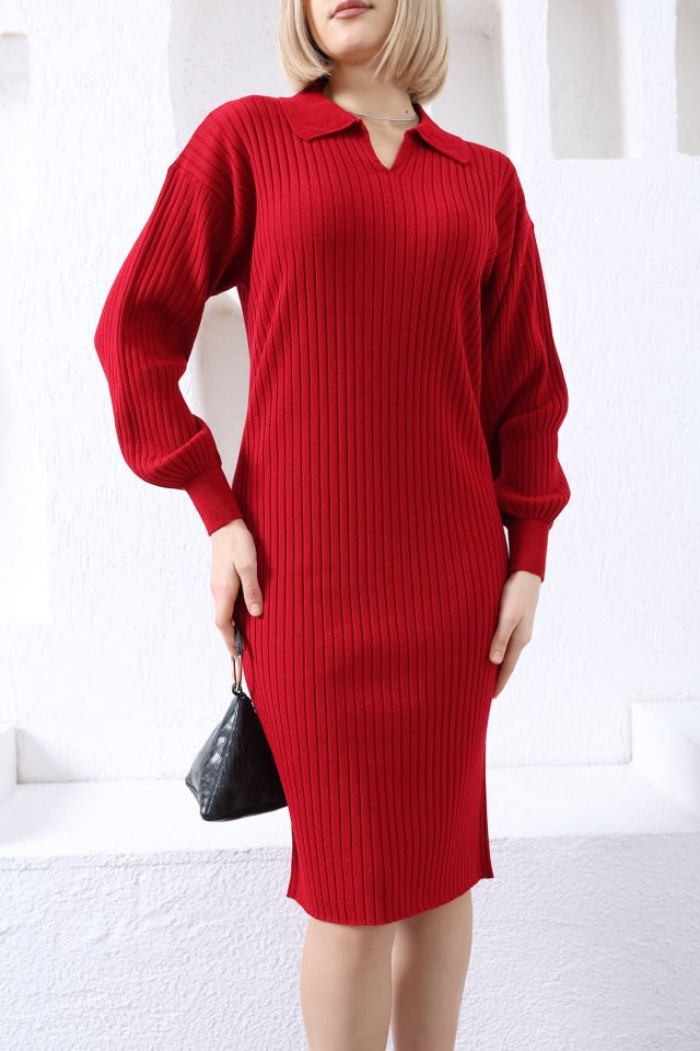 Kırmızı Polo Yaka Uzun Triko Elbise