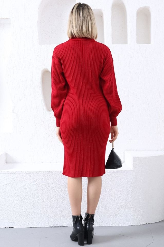 Kırmızı Polo Yaka Uzun Triko Elbise