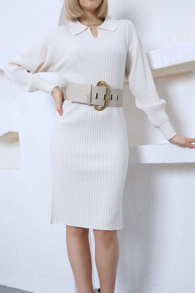 Vanilya Polo Yaka Uzun Triko Elbise