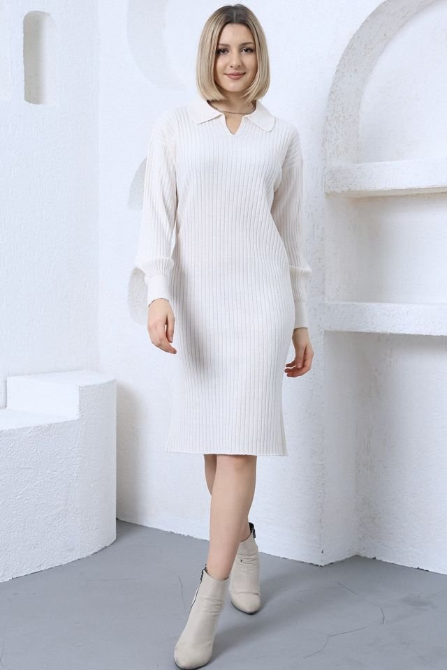 Vanilya Polo Yaka Uzun Triko Elbise