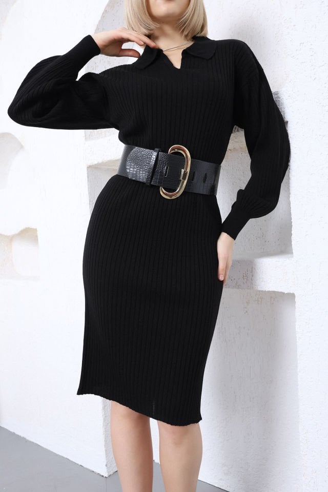 Siyah Polo Yaka Uzun Triko Elbise