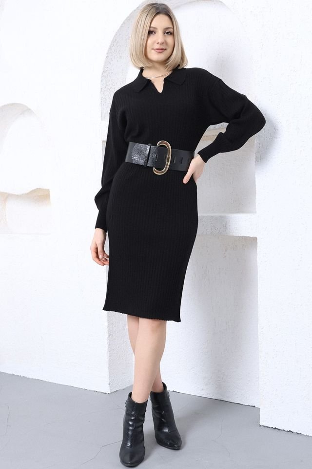 Siyah Polo Yaka Uzun Triko Elbise
