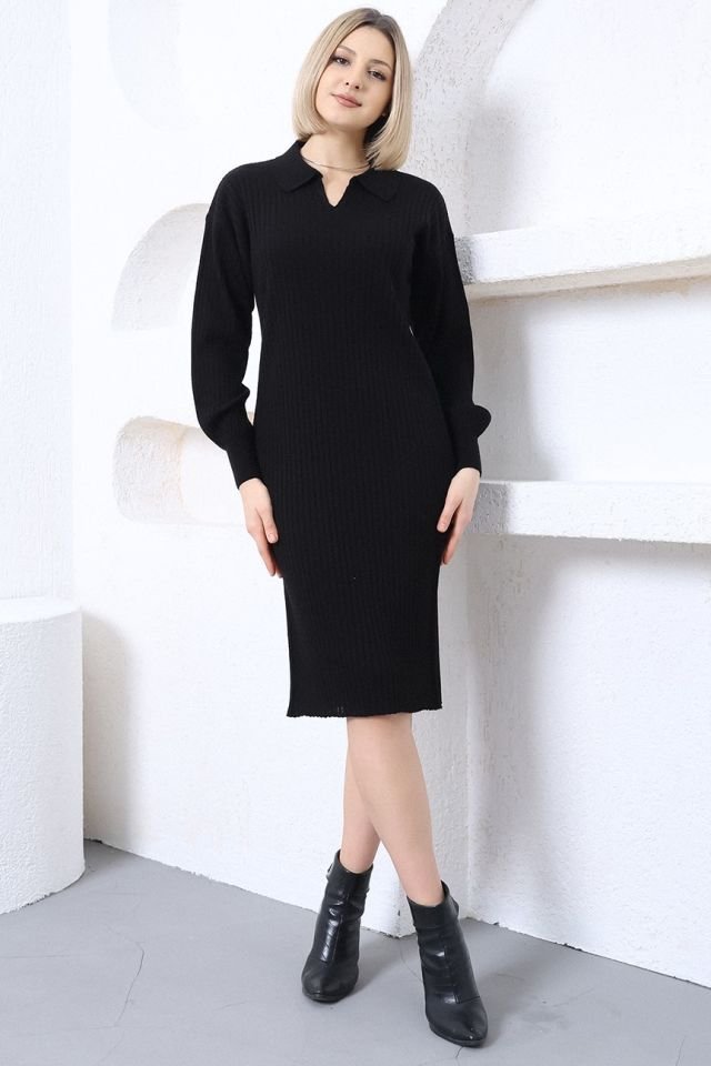 Siyah Polo Yaka Uzun Triko Elbise