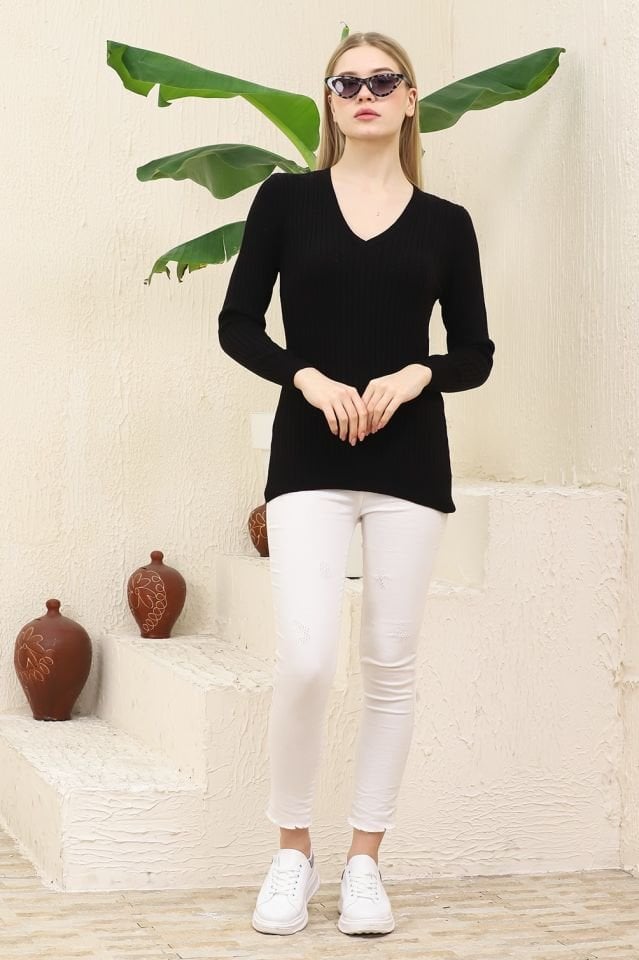 Kadın V Yaka Saç Örgü Triko Kazak Siyah