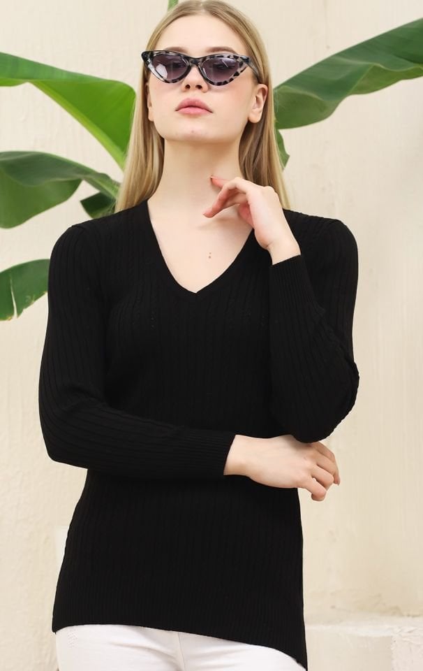 Kadın V Yaka Saç Örgü Triko Kazak Siyah