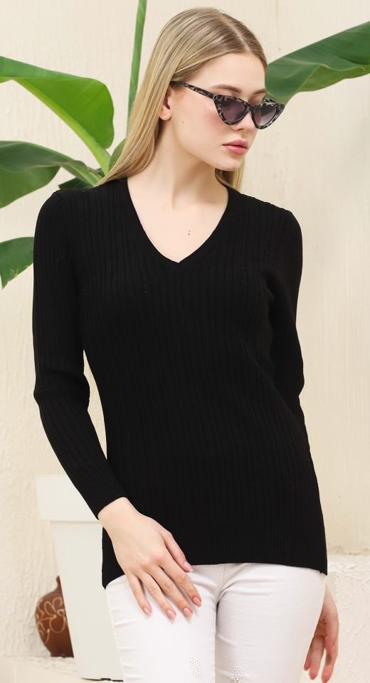 Kadın V Yaka Saç Örgü Triko Kazak Siyah