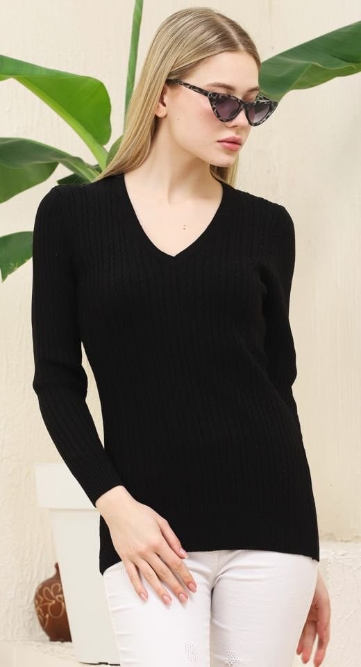 Kadın V Yaka Saç Örgü Triko Kazak Siyah